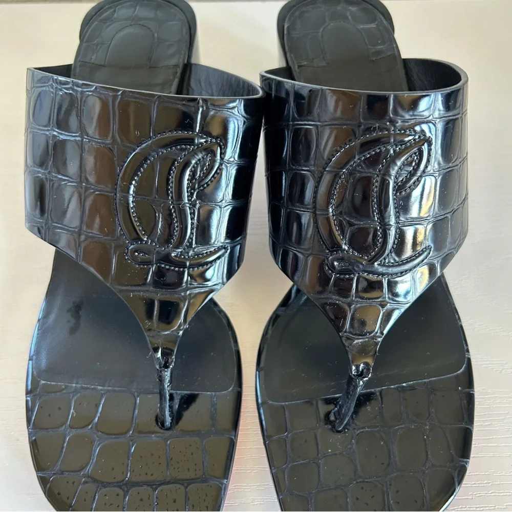 Christian Louboutin Tongamule Black Croc Embossed CL Logo Block Heels Size EU 39 - Picture 4 of 13